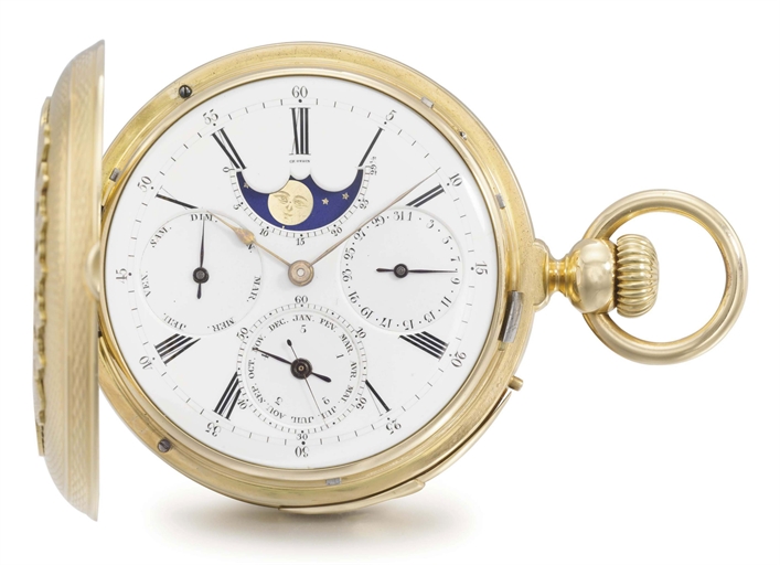 Louis Audemars, made for Charles Oudin. A very fine and heavy 18K gold hunter case quarter repeating full calendar keyless lever watch with moon phases