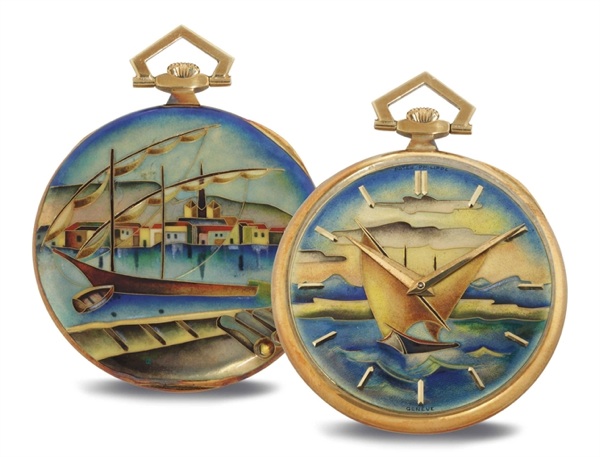 PATEK PHILIPPE. A RARE AND UNIQUE 18K GOLD AND ENAMEL OPENFACE KEYLESS LEVER DRESS WATCH