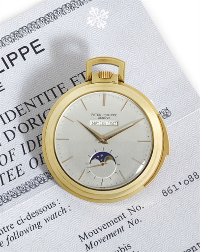 PATEK PHILIPPE. A FINE AND RARE 18K GOLD MINUTE REPEATING PERPETUAL CALENDAR KEYLESS LEVER OPENFACE POCKET WATCH WITH MOON PHASES AND ORIGINAL CERTIFICATE