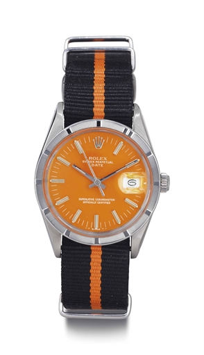 ROLEX. A STAINLESS STEEL AUTOMATIC WRISTWATCH WITH DATE, CENTER SECONDS AND ORANGE DIAL
