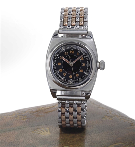 ROLEX. A RARE STAINLESS STEEL TONNEAU WRISTWATCH WITH CENTER SECONDS, BLACK DIAL AND STEEL AND PINK GOLD RICE GRAIN BRACELET