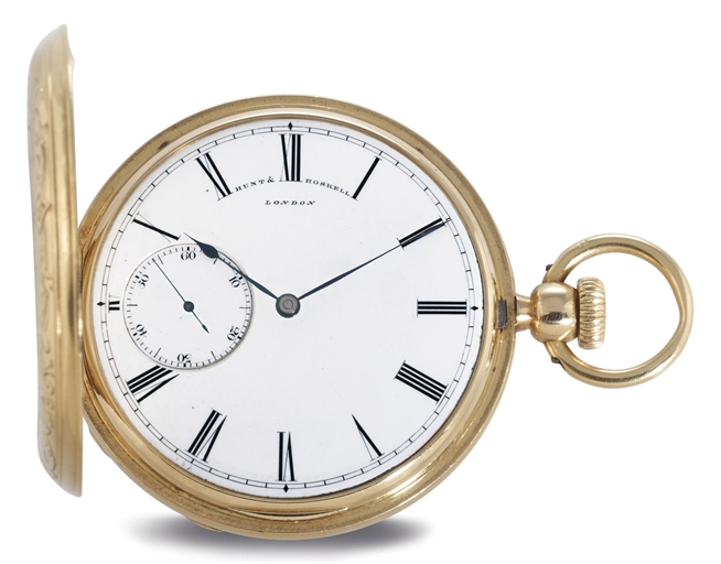 HUNT ROSKELL. AN 18K GOLD HUNTER CASE DETENT POCKET CHRONOMETER WITH ECCENTRIC SECONDS