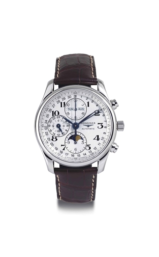 LONGINES. A STAINLESS STEEL AUTOMATIC CHRONOGRAPH WRISTWATCH WITH TRIPLE CALENDAR, 24 HOUR INDICATION AND MOON PHASES