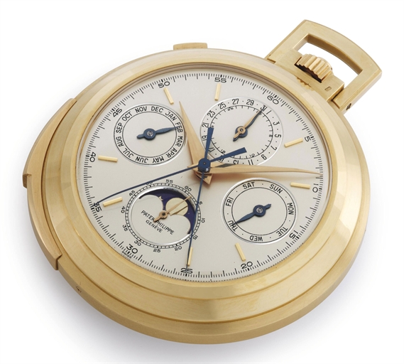PATEK PHILIPPE. A FINE AND RARE 18K GOLD MINUTE REPEATING PERPETUAL CALENDAR OPENFACE SPLIT-SECONDS CHRONOGRAPH KEYLESS LEVER POCKET WATCH WITH MOON PHASES