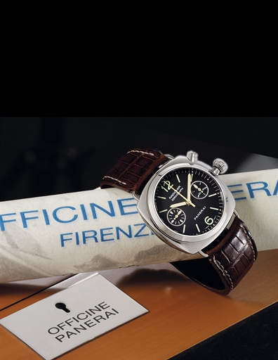 PANERAI. A FINE AND RARE 18K WHITE GOLD LIMITED EDITION CUSHION-SHAPED DIVER'S SINGLE BUTTON CHRONOGRAPH WRISTWATCH