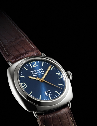 PANERAI. A VERY RARE PLATINUM LIMITED EDITION CUSHION-SHAPED AUTOMATIC WRISTWATCH WITH SWEEP CENTRE SECONDS AND LARGE DATE