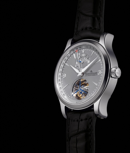 JAEGER-LECOULTRE. A FINE, RARE AND LARGE PLATINUM LIMITED EDITION AUTOMATIC DUAL TIME TOURBILLON WRISTWATCH WITH DATE