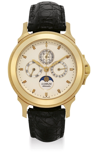 CORUM. A LIMITED EDITION 18K GOLD AUTOMATIC PERPETUAL CALENDAR WRISTWATCH WITH MOON PHASES, LEAP YEAR INDICATION, SWEEP CENTRE SECONDS AND MOTHER-OF-PEARL DIAL