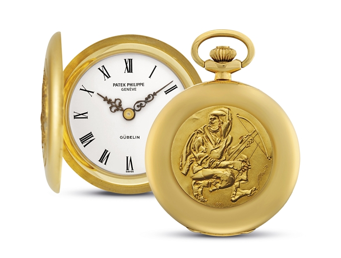 PATEK PHILIPPE. A FINE AND RARE 18K GOLD LIMITED EDITION HUNTER CASE KEYLESS LEVER WATCH WITH GOLD RELIEF BY HANS ERNI, MADE FOR THE 50TH TARGET SHOOTING CONTEST IN LUCERNE IN 1979