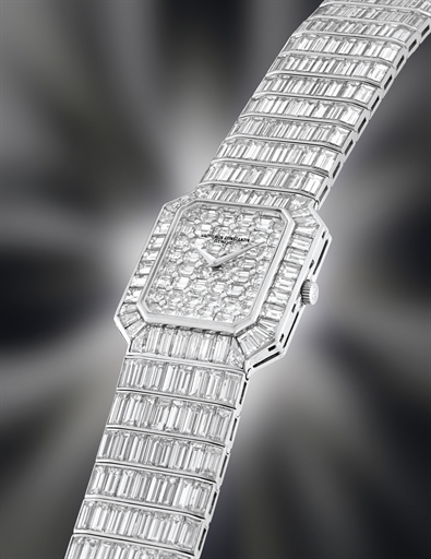 VACHERON CONSTANTIN. A SPECTACULAR AND IMPRESSIVE 18K WHITE GOLD AND DIAMOND-SET RECTANGULAR WRISTWATCH WITH BRACELET