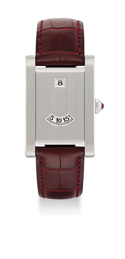 CARTIER. A FINE AND RARE PLATINUM LIMITED EDITION RECTANGULAR JUMP HOUR WRISTWATCH