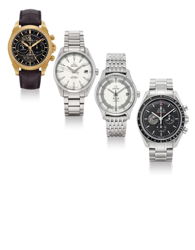 OMEGA. A LOT OF THREE STAINLESS STEEL AND ONE 18K PINK GOLD WRISTWATCHES