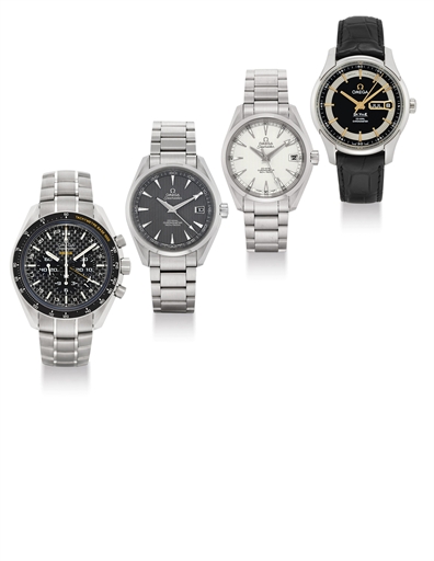 OMEGA. A LOT OF TWO STAINLESS STEEL, ONE TITANIUM AND ONE 18K WHITE GOLD WRISTWATCHES