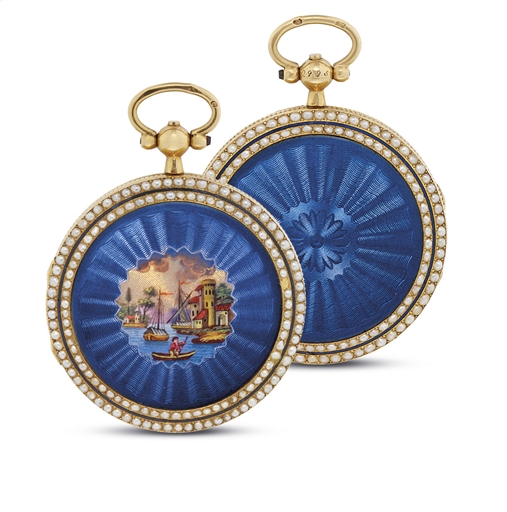 DALLEIZETTE. AN UNUSUAL AND RARE GOLD, ENAMEL AND PEARL-SET HUNTER CASE KEYWOUND CYLINDER WATCH