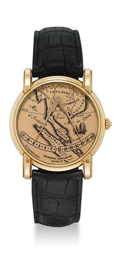 VACHERON CONSTANTIN. A FINE AND RARE LIMITED EDITION 18K GOLD DUAL RETROGRADE AUTOMATIC WRISTWATCH DEPICTING THE MAP OF SOUTH-EAST ASIA