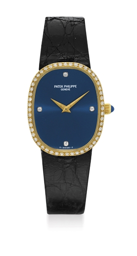 PATEK PHILIPPE. A LADY'S FINE 18K GOLD AND DIAMOND-SET OVAL WRISTWATCH