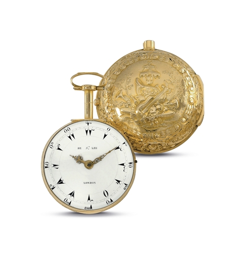 DANIEL DE ST. LEU. A VERY FINE, RARE AND LARGE GOLD PAIR CASE OPENFACE TWO TRAIN CLOCK WATCH, MADE FOR THE TURKISH MARKET