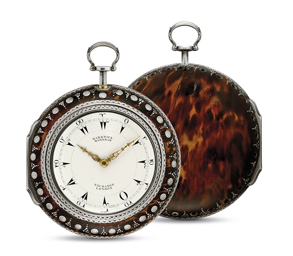 MARKWICK MARKHAM. AN IMPRESSIVE SILVER PAIR CASE OPENFACE QUARTER REPEATING TWO TRAIN STRIKING COACH WATCH WITH OUTER TORTOISESHELL CASE, MADE FOR THE TURKISH MARKET