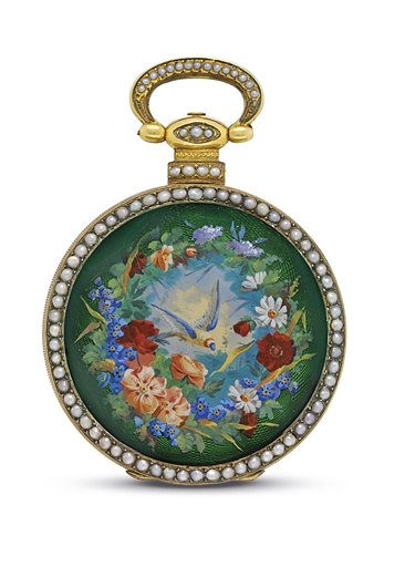 JUST SON. A SILVER GILT, ENAMEL AND PEARL-SET DUPLEX WATCH WITH CENTRE SECONDS, MADE FOR THE CHINESE MARKET