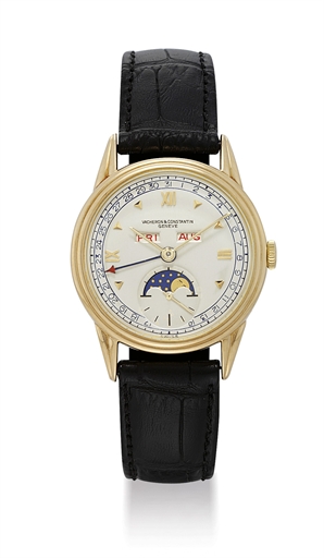 VACHERON CONSTANTIN. AN 18K GOLD TRIPLE CALENDAR WRISTWATCH WITH MOON PHASES