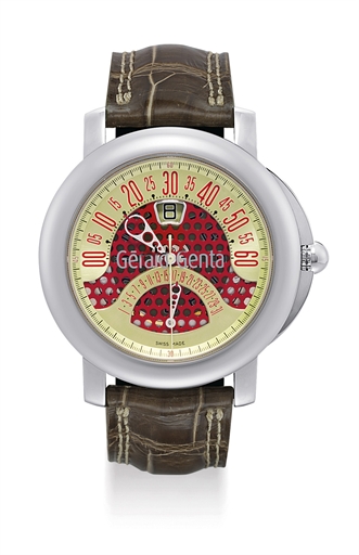 GERALD GENTA. A STAINLESS STEEL AUTOMATIC JUMP HOUR DOUBLE RETROGRADE WRISTWATCH WITH SWEEP CENTRE SECONDS AND DATE