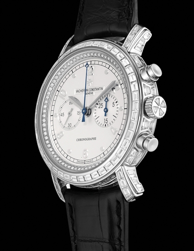 VACHERON CONSTANTIN. AN IMPRESSIVE, LARGE AND RARE 18K WHITE GOLD AND DIAMOND-SET CHRONOGRAPH WRISTWATCH WITH ORIGINAL CERTIFICATE