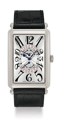 FRANCK MULLER. AN 18K WHITE GOLD RECTANGULAR WRISTWATCH WITH DOUBLE RETROGRADE SECONDS