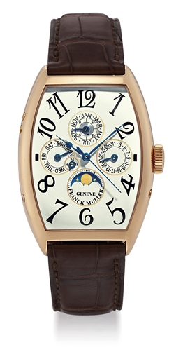 FRANCK MULLER. AN 18K PINK GOLD AUTOMATIC TONNEAU-SHAPED PERPETUAL CALENDAR WRISTWATCH WITH MOON PHASES, SWEEP CENTRE SECONDS, LEAP YEAR AND 24 HOUR INDICATION