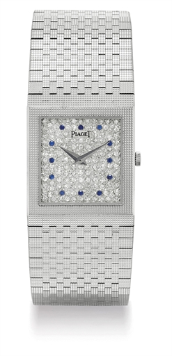 PIAGET. AN 18K WHITE GOLD, DIAMOND AND SAPPHIRE-SET SQUARE WRISTWATCH WITH BRACELET