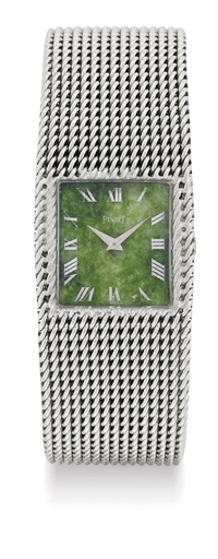 PIAGET. AN 18K WHITE GOLD SQUARE SHAPED WRISTWATCH WITH BRACELET AND JADE DIAL