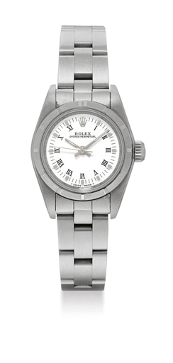 ROLEX. A LADY'S STAINLESS STEEL AUTOMATIC WRISTWATCH WITH SWEEP CENTRE SECONDS AND BRACELET
