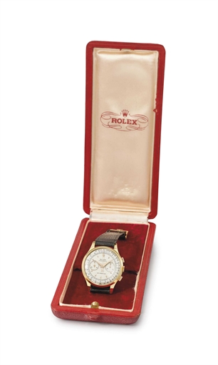 Rolex. A rare and unusual mid-size 18K pink gold chronograph wristwatch with box