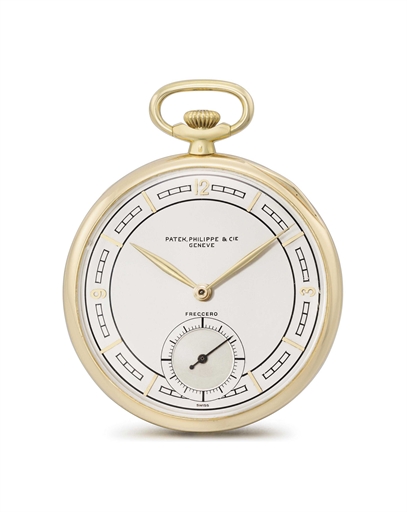 Patek Philippe. A fine and unusual 18K gold openface keyless lever watch with two-tone silvered roulette-style dial