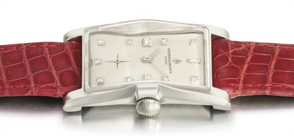 Vacheron Constantin. A rare and attractive platinum and diamond-set rectangular-shaped wristwatch with flared sides