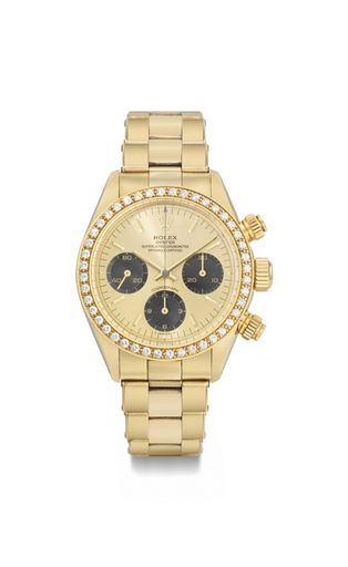 Rolex. A very fine, rare and attractive 18K gold and diamond-set chronograph wristwatch with bracelet, Guarantee and box