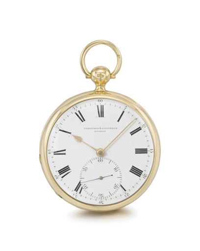 Parkinson Frodsham. A fine 18K gold openface pocket chronometer with box