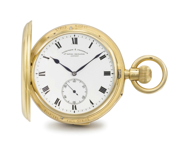 Parkinson Frodsham. An impressive, large and rare 18K gold hunter case two train minute repeating keyless lever grande and petite sonnerie clock watch