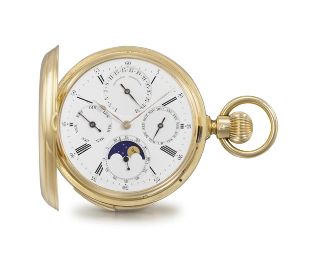 Reymond Deshayes, movement attributed to Louis Audemars. A fine, rare and unusual 18K gold hunter case quarter repeating perpetual calendar keyless lever watch with retrograde date