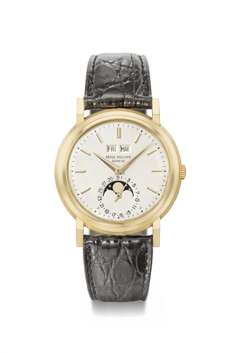 Patek Philippe. An extremely rare, attractive and very important 18K gold manually-wound perpetual calendar wristwatch with moon phases