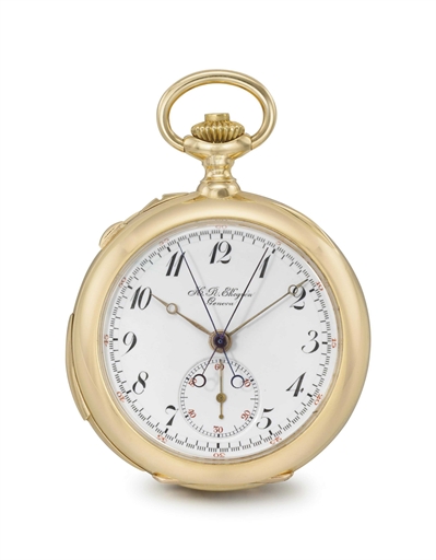 H.R. Ekegren. A fine 18K gold openface minute repeating split seconds chronograph keyless lever watch