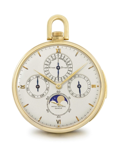 Patek Philippe. A very fine and rare 18K gold openface minute repeating perpetual calendar keyless lever watch with moon phases