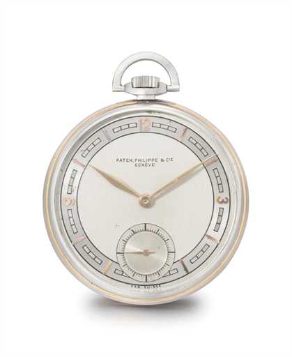 Patek Philippe. A fine and unusual stainless steel and pink gold openface keyless lever watch with two-tone silvered roulette-style dial