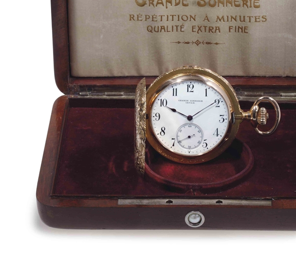 Invar. A Fine 18k Gold Minute Repeating Grande And Petite Sonnerie Hunter Case Keyless Lever Pocket Watch With Wooden Presentation Box