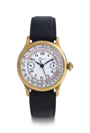 Longines. An 18k Gold Single Button Chronograph Wristwatch With Enamel Dial