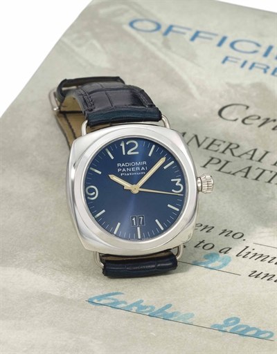 Panerai. A rare platinum limited edition cushion-shaped wristwatch with sweep centre seconds and oversized date