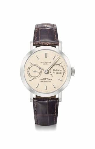 Patek Philippe. An exceptional, highly attractive, historically important and certainly unique platinum chromometer wristwatch with Guillaume balance, Bulletin d'Observatoire, additional diamond-set dial and platinum bracelet