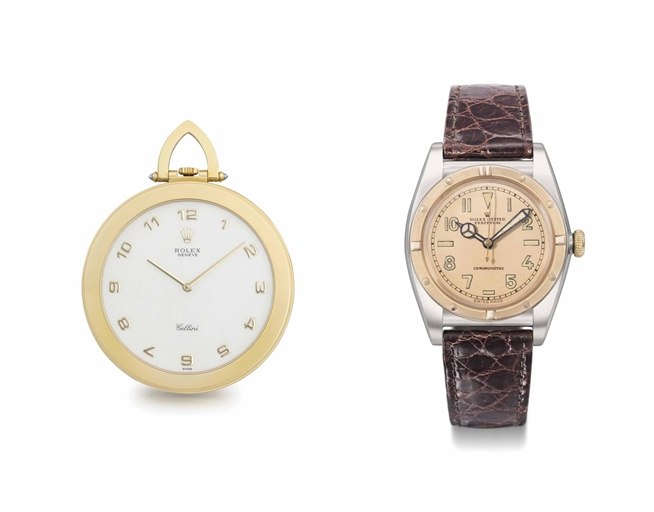Rolex. A group of one stainless steel and pink gold wristwatch and one 18K gold pocket watch