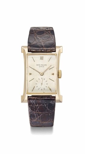 Patek Philippe. A rare 18K pink gold rectangular wristwatch with flared sides