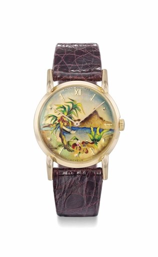 Patek Philippe. An extremely fine and rare 18K pink gold wristwatch with polychrome cloisonné enamel dial depicting a Tahiti forest