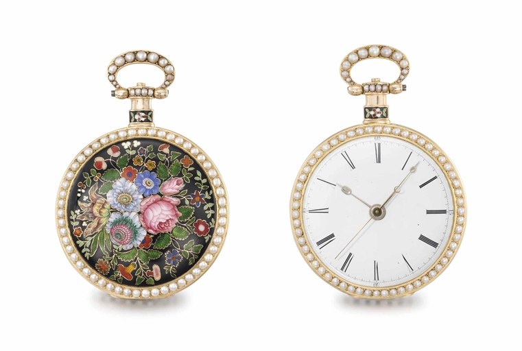 Just Son. A fine and rare 18K gold, enamel and pearl-set openface lever watch with centre seconds, made for the Chinese market